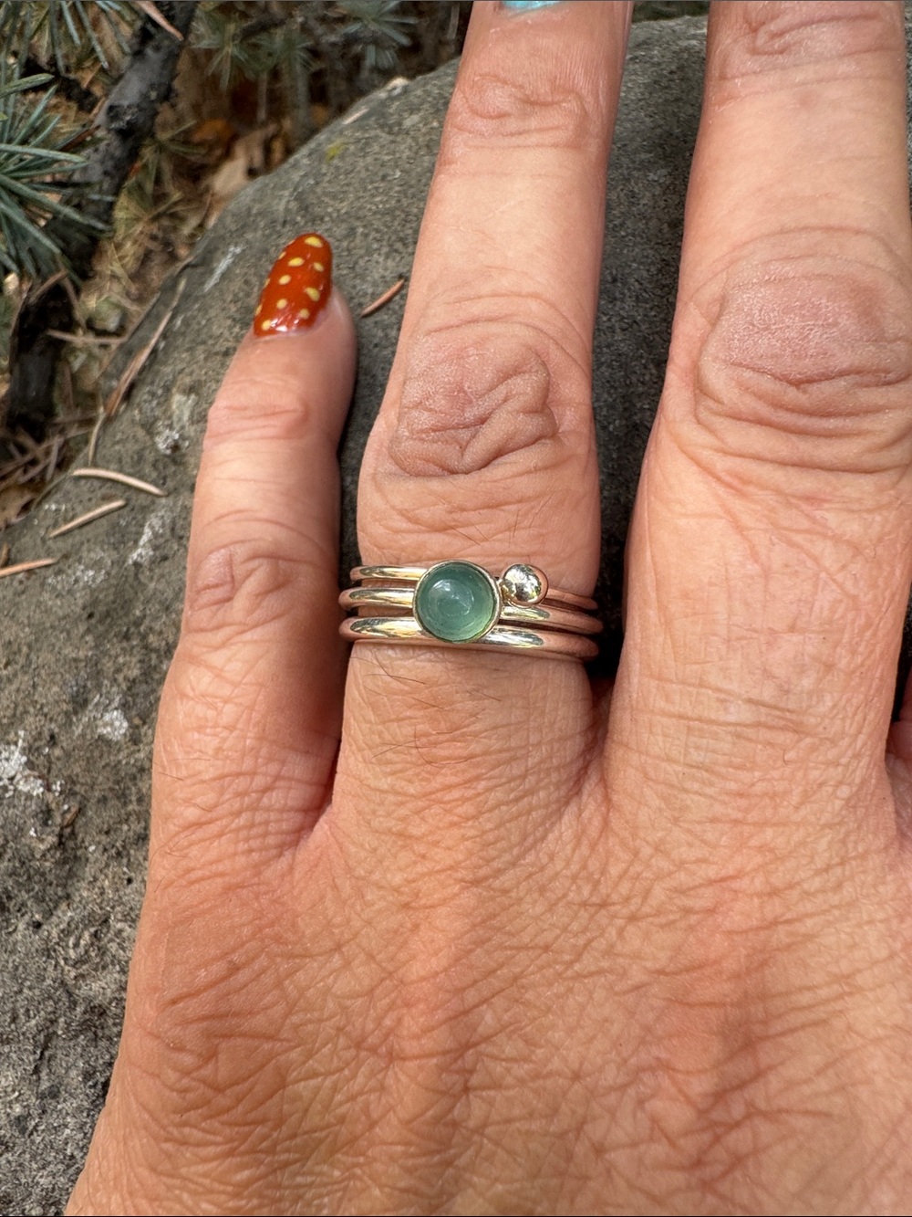 Sundance Sterling Silver Stacking Ring Set with Green Center and Clear Accent